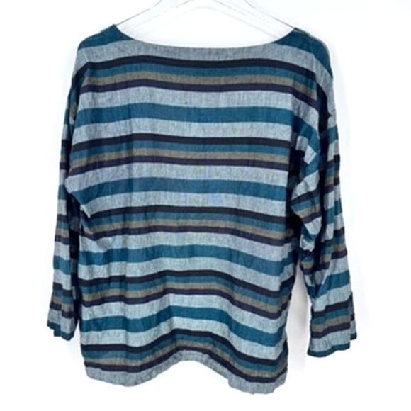 Eileen Fisher Linen Top Medium Striped Blue Gray Green - Picture 3 of 6